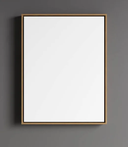 Blank frame on gray wall mock up, vertical wooden poster frame on wall, picture frame isolated on a wall, mock up for picture or photo frame, empty frame, 3d render