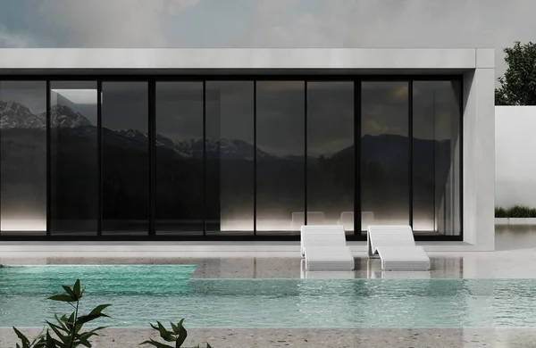 Minimalist modern white house exterior with swimming pool terrace, surrounded with green nature, peaceful, comfortable, suitable for relaxation in the mountains, 3d rendering
