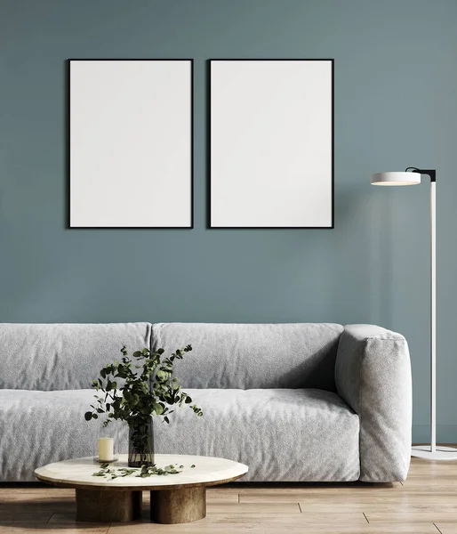 Zwei Plakatrahmen Attrappen Stilvollen Blauen Wohnzimmer Rendering — Stockfoto