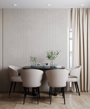 Beige contemporary minimalist interior with table, chair, blank wall, and decor. 3d render illustration mockup.