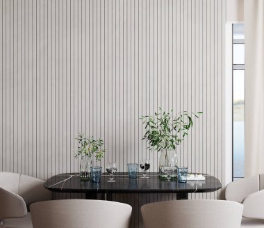 Modern living room interior with beige wall panel mockup, black marble table, chairs and plant, 3d rendering