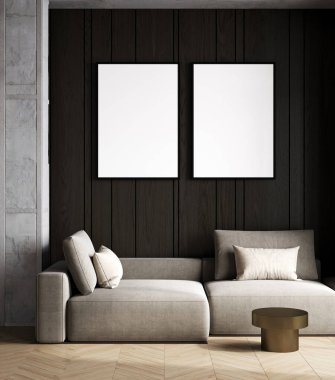 Poster frames mockup in stylish contemporary interior, 3d rendering