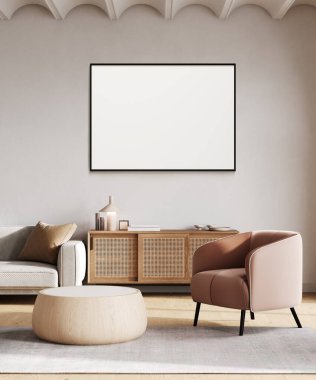 Horizontal frame mockup in Japandi style interior with pink armchair, 3d rendering