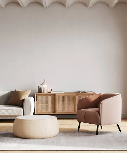 Home mockup, white room with natural wooden furniture, Scandi-Boho style, 3d render