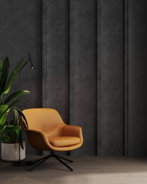 Dark gray contemporary minimalist interior with leather brown armchair, blank decorative wall, 3d render illustration mockup