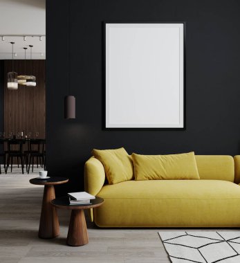Şık, siyah oturma odasında büyük bir poster modeli. Sarı kanepe, 3D çizim.