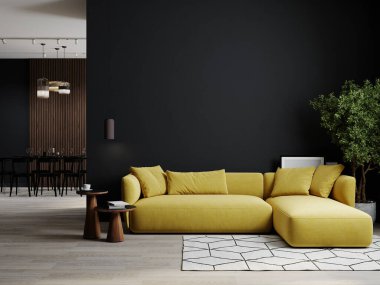 Dark room interior, living room interior mockup, empty black wall and yellow sofa, 3d rendering