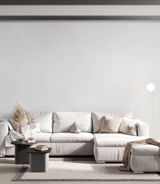 Minimalist modern oturma odası arka plan, oturma odası İskandinav tarzı, boş beyaz duvar modeli, 3D görüntüleme