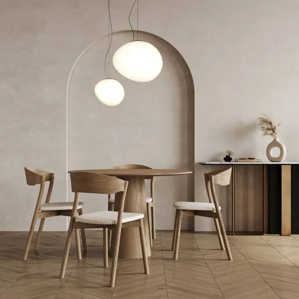 Modern yemek odası ya da oturma odası, ahşap masa ve sandalyelerin iç tasarımı. Bej duvarın üzerinde ahşap büfe. Ev içi kemer duvarlı. 3d oluşturma