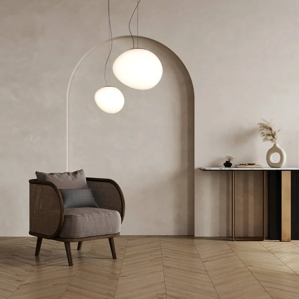 Minimalist bej renkli modern oturma odası arka plan, oturma odası İskandinav kemer duvar modeliyle taklit ediliyor, 3 boyutlu.