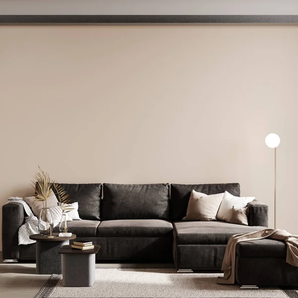 モダンなリビングルーム ベージュの壁 グレーのソファとコーヒーテーブル 3Dレンダリングのインテリアデザイン — ストック写真