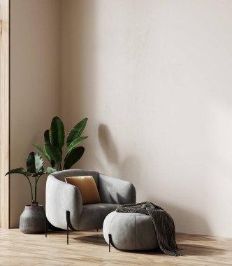 Modern gri koltuklu çağdaş iç mekan, bej renkli oda, 3D renkte.