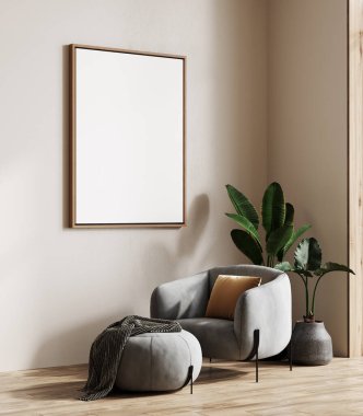 Modern oturma odasındaki poster çerçeve modeli, mobilyalı ev içi arka plan, 3D canlandırma
