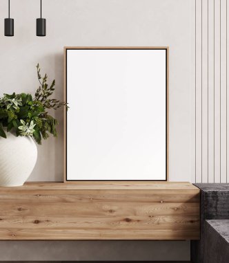 Modern yatak odasının iç kısmında ahşap poster modeli, 3D görüntüleme.