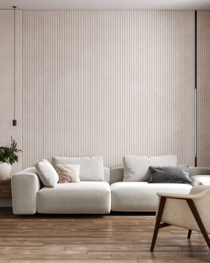 Beyaz kanepeli bej oturma odası. Modern iç tasarım. Model için alan bej arka planı. 3d oluşturma