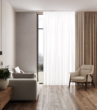 Bej oturma odası. Kanepe, panoramik pencere ve koltuk.