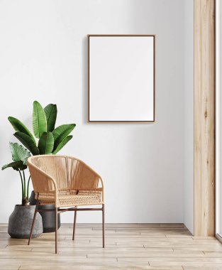 Beyaz duvar, koltuk ve bitki, 3 boyutlu resimleme ile Boho iç arkaplan poster çerçeve modelleme