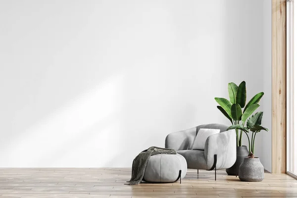 房间用白色的墙壁和木制地板灰色的现代扶手椅 明亮的房间内部模型 空荡荡的空间供嘲笑 3D渲染 — 图库照片