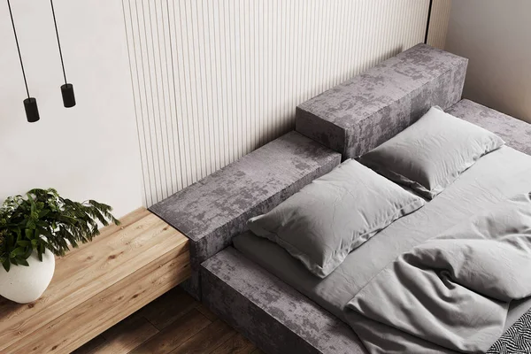 Lüks Parlak Yatak Odası Tasarımı Modern Gri Yatak Odası Duvarlı — Stok fotoğraf