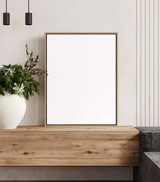 White blank canvas on wooden easel, in minimal living room