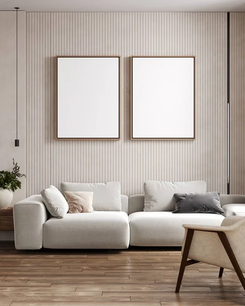 两个垂直的海报框架在丑闻式客厅的内部模拟 现代客厅的内部背景 白色沙发 3D渲染 — 图库照片
