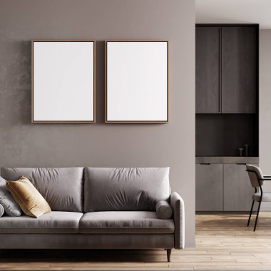 Gri oturma odasının iç kısmında iki poster modeli var. Mutfağı üç boyutlu.