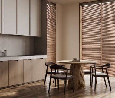 Modern ev tarzı mutfak. Yemek masası, ahşap mutfak mobilyası, 3D döşeme.