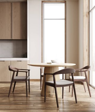 Modern ahşap mutfağın yemek odası, 3 boyutlu.