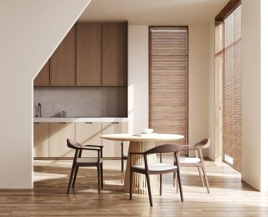 Modern karanlık mutfak ve yemek odası içi ahşap mobilya ve mutfak gereçleri, lüks mutfak, 3D tasarım.