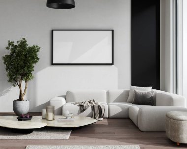 resim boş çerçeve ev oturma odasının içinde beyaz kanepe ve dekorlu kahve masası, 3D görüntüleme