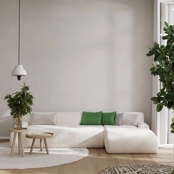 Λευκό Και Πράσινο Σαλόνι Εσωτερικό Καναπέ Φυτό Και Άδειο Τοίχο — Φωτογραφία Αρχείου