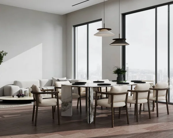 Interior Desain Modern Ruang Makan Atau Ruang Tamu Meja Kayu — Stok Foto