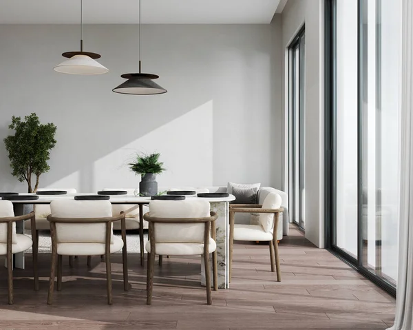 Minimum Modern Oturma Odası Yemek Odası Tasarımı Parlak Plan Duvar — Stok fotoğraf