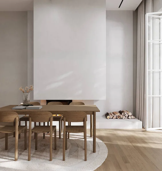 Beige Contemporary Minimalist Interior Table Chair Blank Wall Decor Render — Stock fotografie