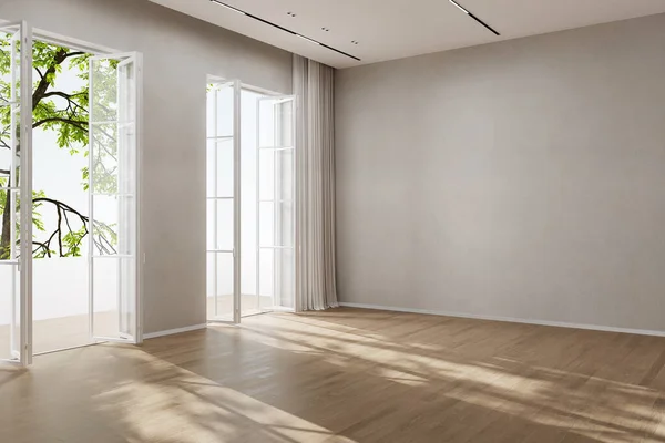 Boş oturma odası iç tasarımı, pencereleri, bej duvarları ve ahşap döşemeleri var.