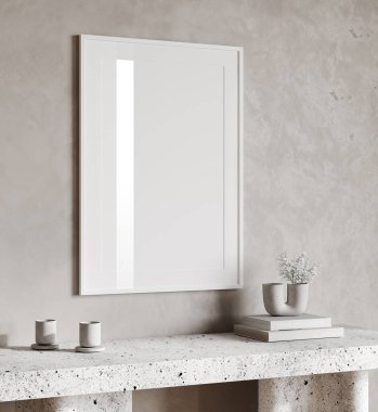 Bej alçı duvardaki boş çerçeve, duvardaki dikey beyaz poster çerçevesi, resim veya fotoğraf çerçevesi için modelleme, kurutulmuş bitkilerle dolu boş çerçeve, 3D