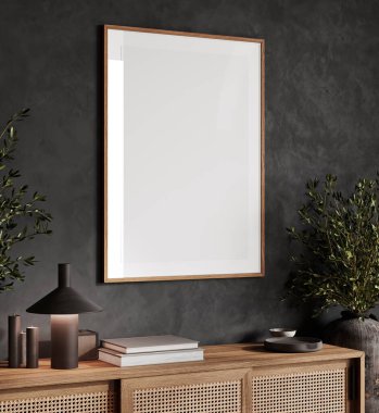 Çerçeveyi şık, koyu renkli, iç mimari arka planda, oturma odasını minimal dekorlu, 3D dekorlu olarak düzenle