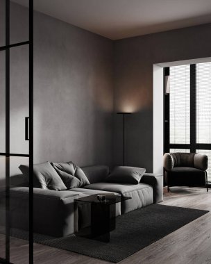 Modern oturma odası iç tasarımı gri kanepe ve koyu duvar, 3D