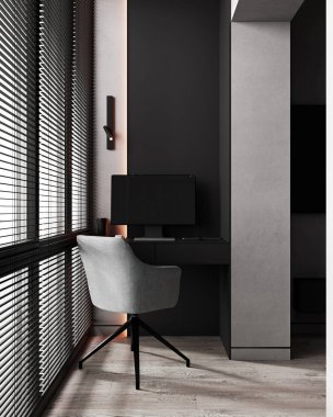 ev içi iç mekan, modern iç mekan siyah ve gri tonlar, ev işyeri, 3D tasarım