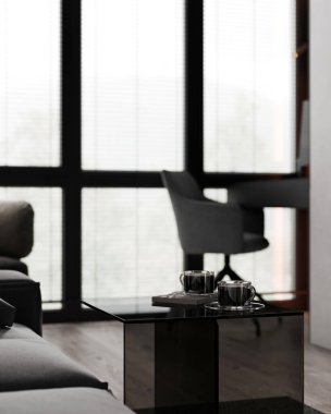 Kahve fincanları, modern koyu iç plan, 3D görüntüleme.