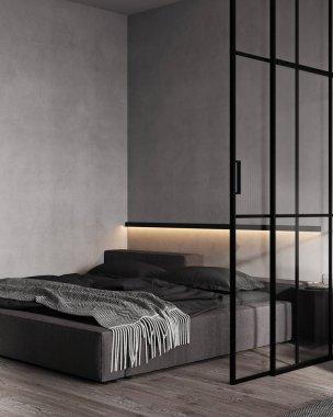 Gri duvarlı koyu renk yatak odası, şık yatak, duvar ışığı ve bölmesi, 3 boyutlu.