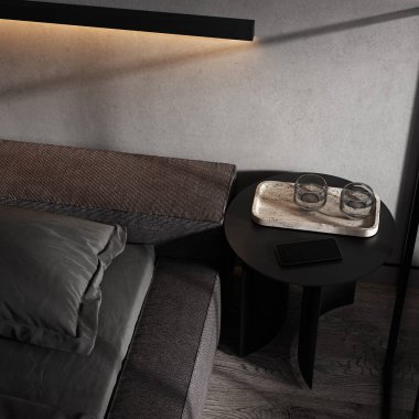 Modern koyu renk yatak odası arka planında yakın plan kahve masası, 3D görüntüleme
