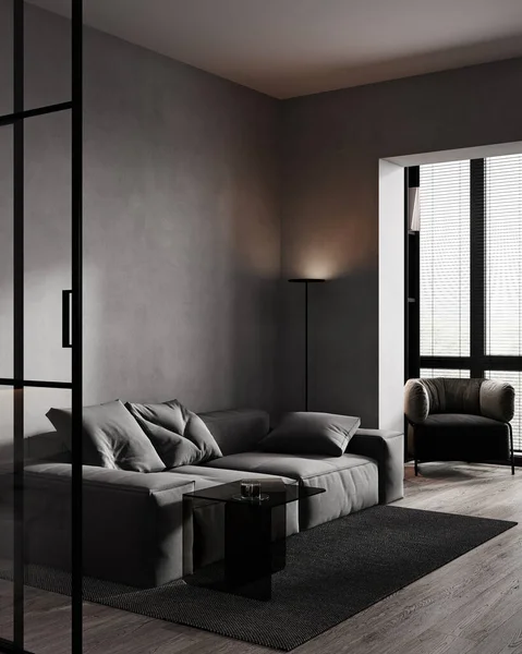 Diseño Interior Moderno Sala Estar Con Sofá Gris Pared Oscura — Foto de Stock