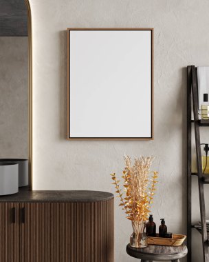 Çerçeve modern banyo, lavabo, ayna ve dekoratif beton duvarlı, 3D döşemeli.