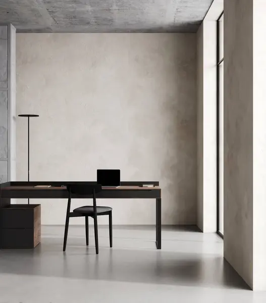 Workplace with black and wooden Furniture in Minimalist Office Interior with laptop, loft, 3d rendering