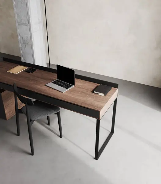 Workplace with black and wooden Furniture, Minimalist Office Interior with laptop, loft, 3d rendering