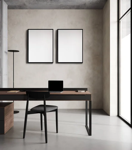 Two poster frames mockup in minimalist office interior, workplace, 3d rendering