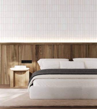 Lüks yatak odasının iç dekorasyonu asgari dekorlu, Japon tarzı, 3 boyutlu.