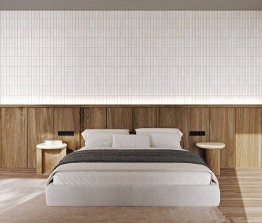 İskandinav yatak odası. Kapalı, panelli duvar. Model yap.