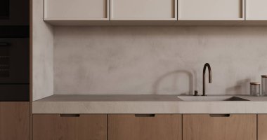 Modern bir mutfakta lüks taştan bir mutfak masasında boş bir maket alanı.